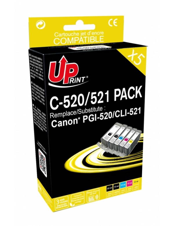 UP-C-520/521-PACK 5 CANON IP3600/4600/4700-CLI521/PGi520-WITH CHIP (2BK+C+M+Y)-R