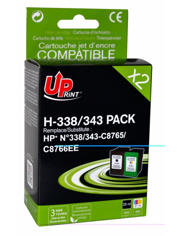 UP-H-338/343-PACK 2 HP C8765/66-N°338/N°343-REMA-(BK+CL)